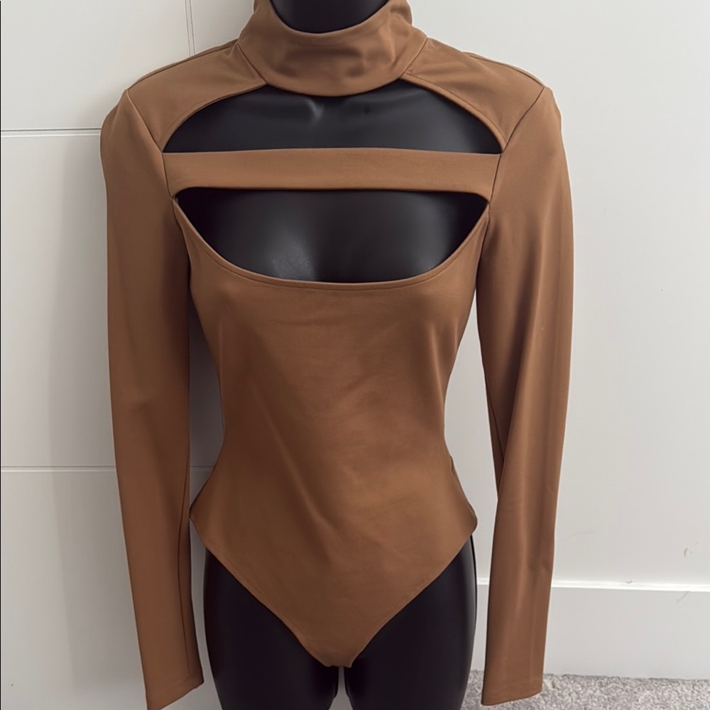 Elegant Brown Cut-Out Turtleneck Bodysuit